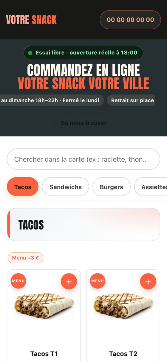 La carte du snack sur le téléphone du client, avec les tacos et le bouton +.