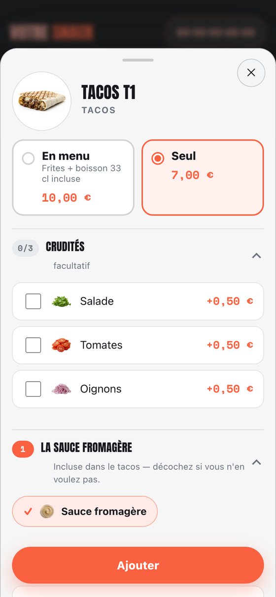 La fiche d'un tacos : en menu ou seul, et les crudités à cocher.