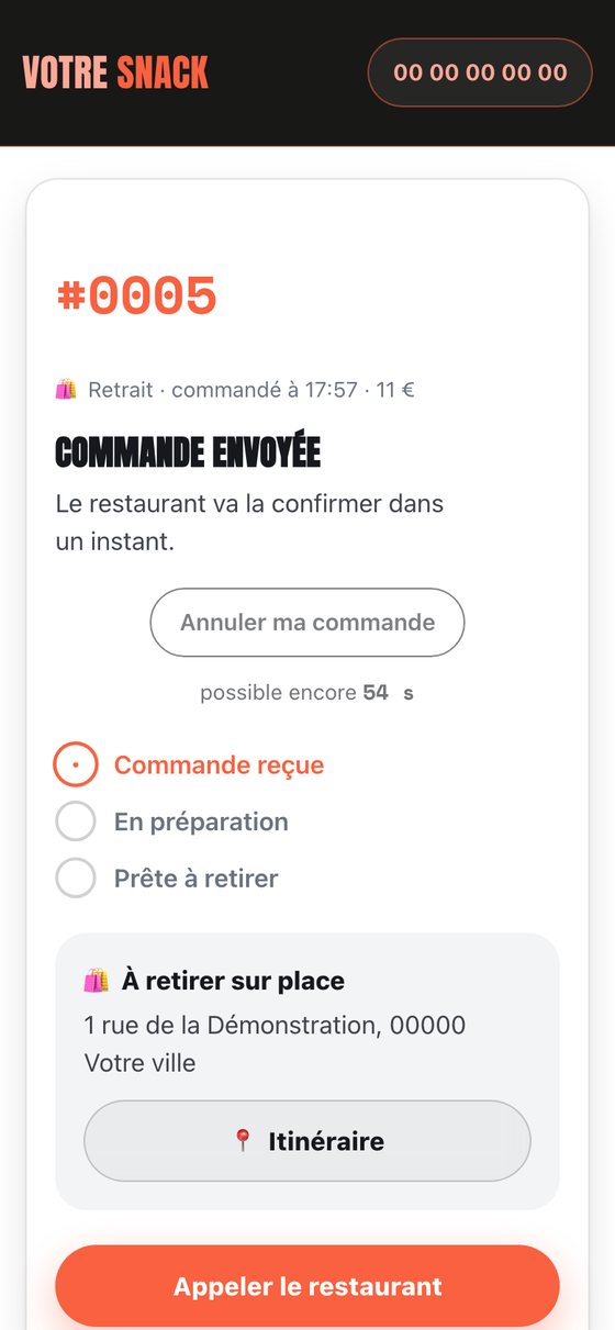 Le suivi de commande côté client, avec le bouton pour annuler tant que le snack n'a pas accepté.