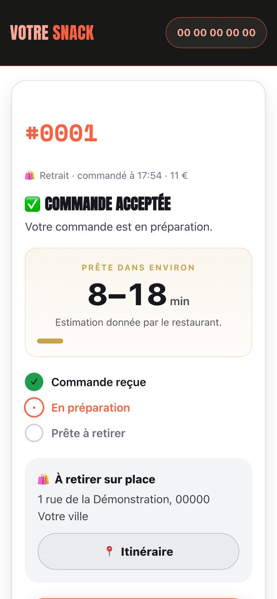 Le suivi de commande côté client : commande acceptée, prête dans 10 à 20 minutes.