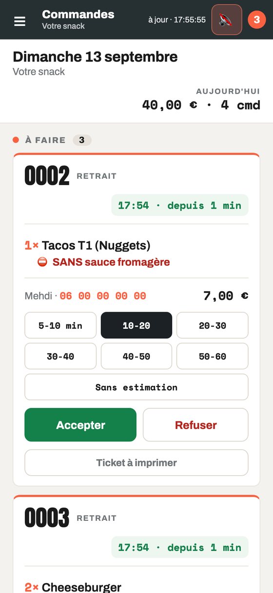 L'écran du comptoir : une nouvelle commande, le choix du délai et les boutons Accepter et Refuser.