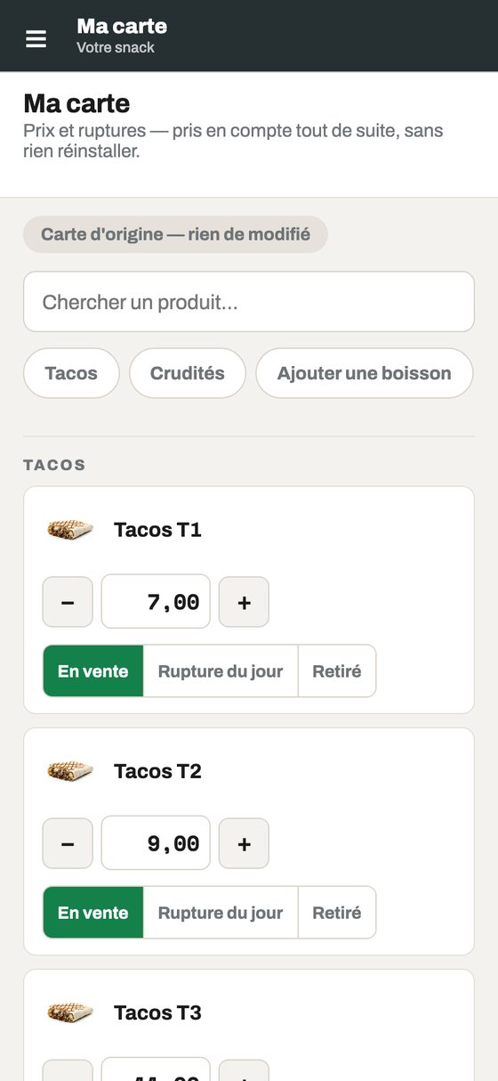 L'écran Ma carte : le prix de chaque article et les boutons En vente, Rupture du jour et Retiré.