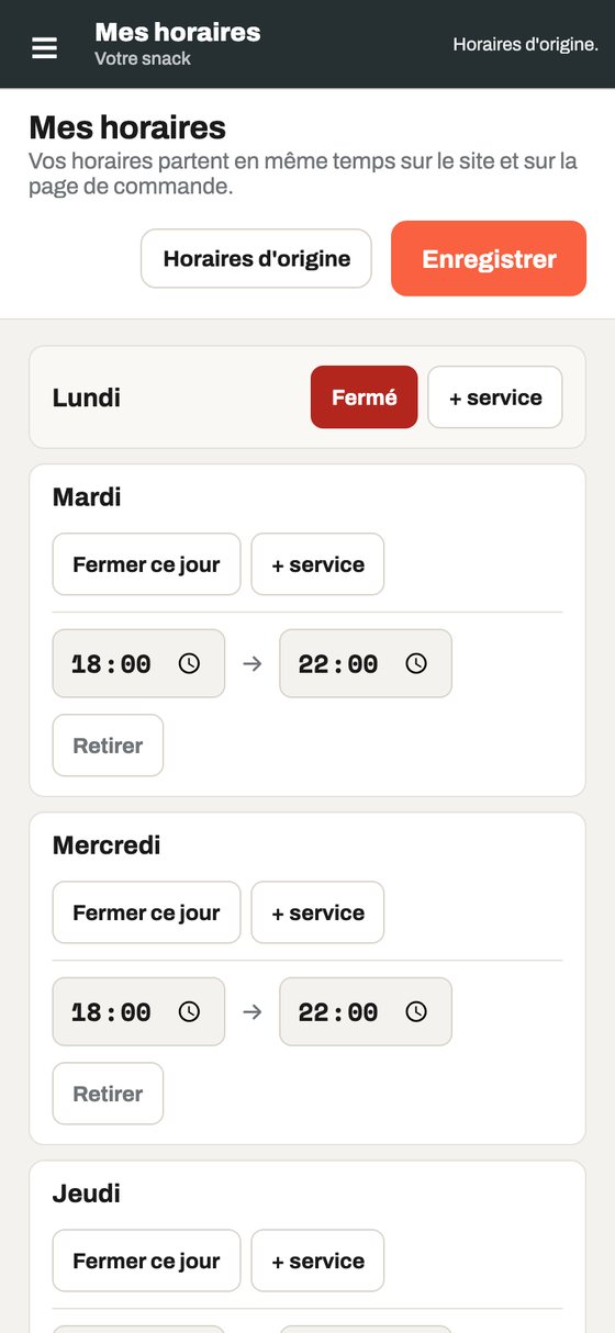 L'écran Mes horaires : fermer un jour ou changer les heures du service.