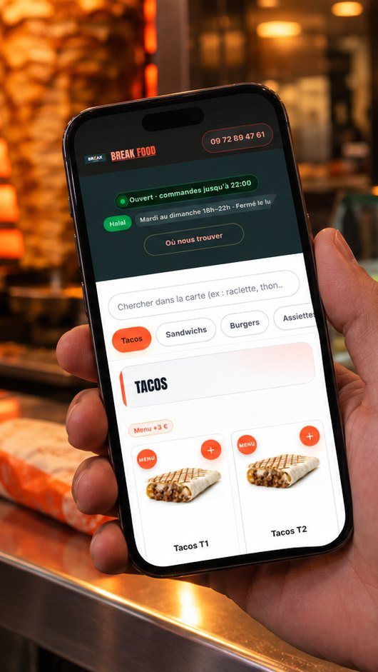 Une main tient un téléphone ouvert sur une commande en ligne, au-dessus d'un comptoir de snack.