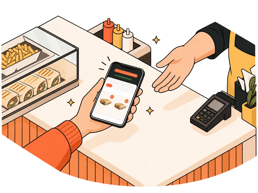 Illustration : un téléphone montré au-dessus d'un comptoir de snack.
