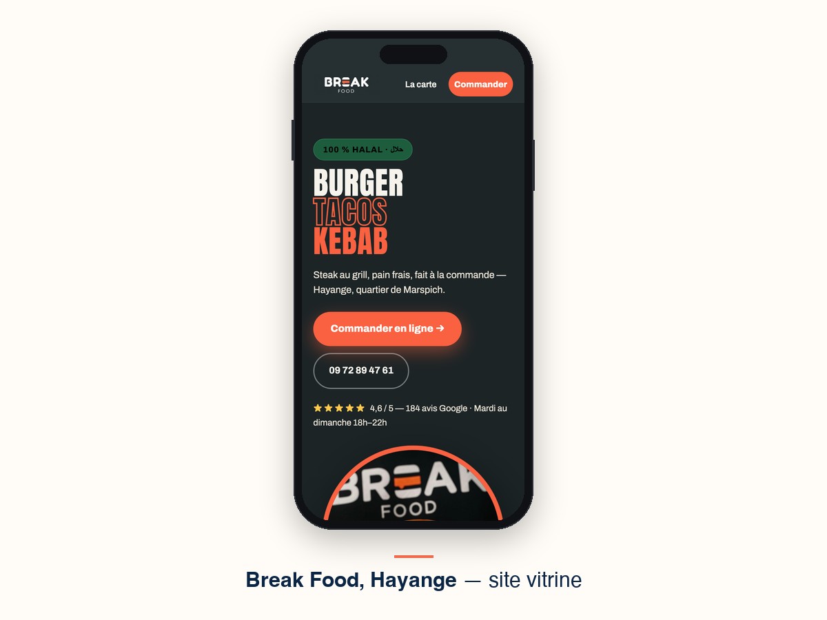 Le site de Break Food, restaurant à Hayange, affiché sur un téléphone