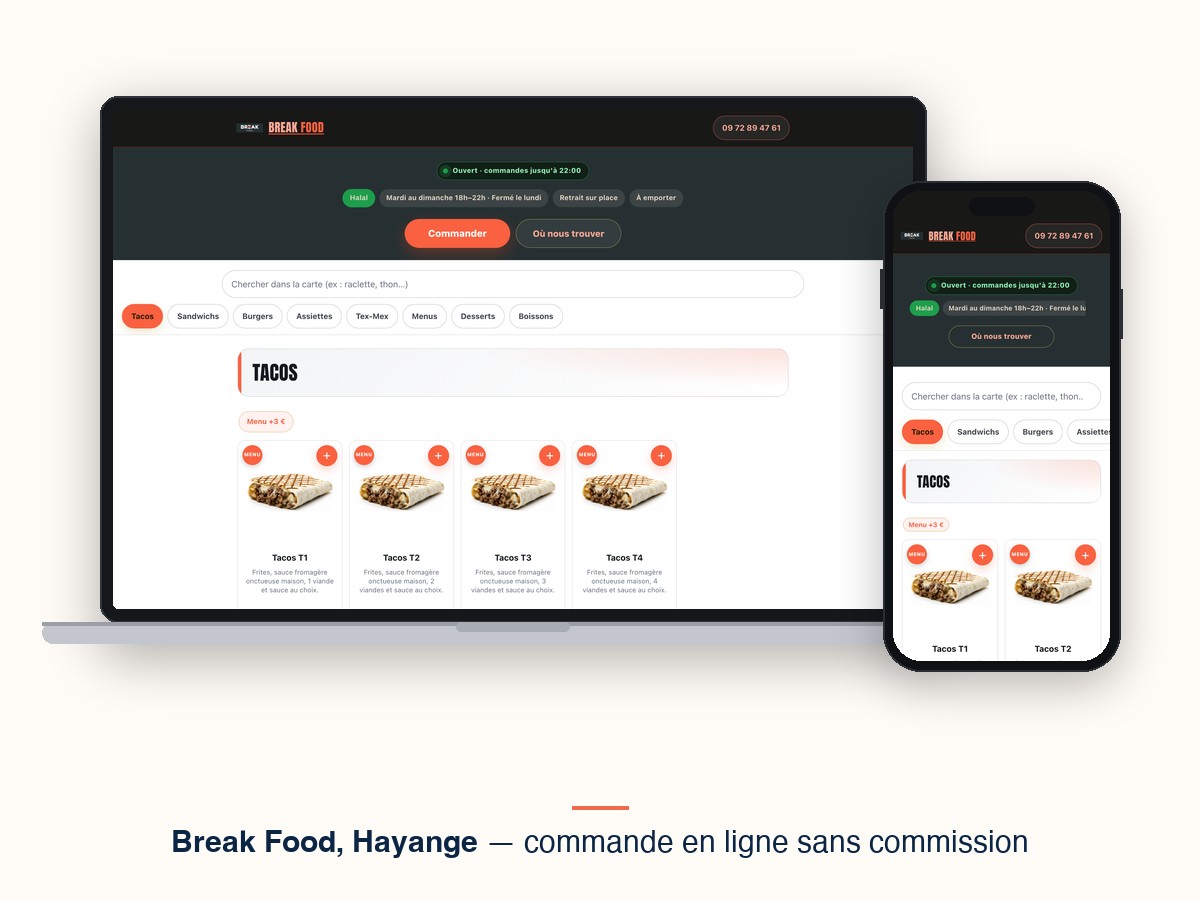 La commande en ligne de Break Food, restaurant à Hayange, affichée sur un écran d'ordinateur et sur un téléphone.