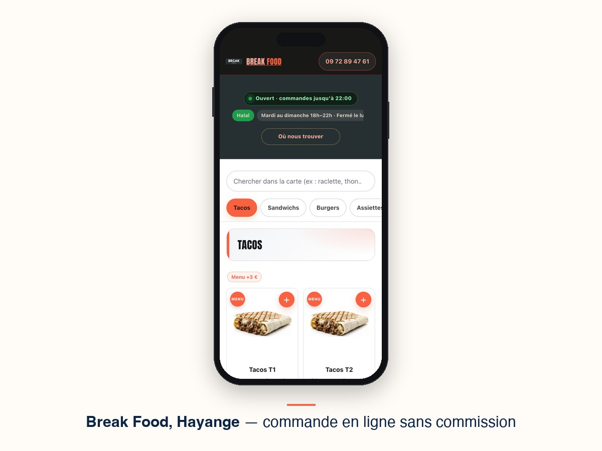 Le module de commande en ligne de Break Food, à Hayange, sur un téléphone : bandeau « Ouvert », catégories de la carte et premières fiches tacos.