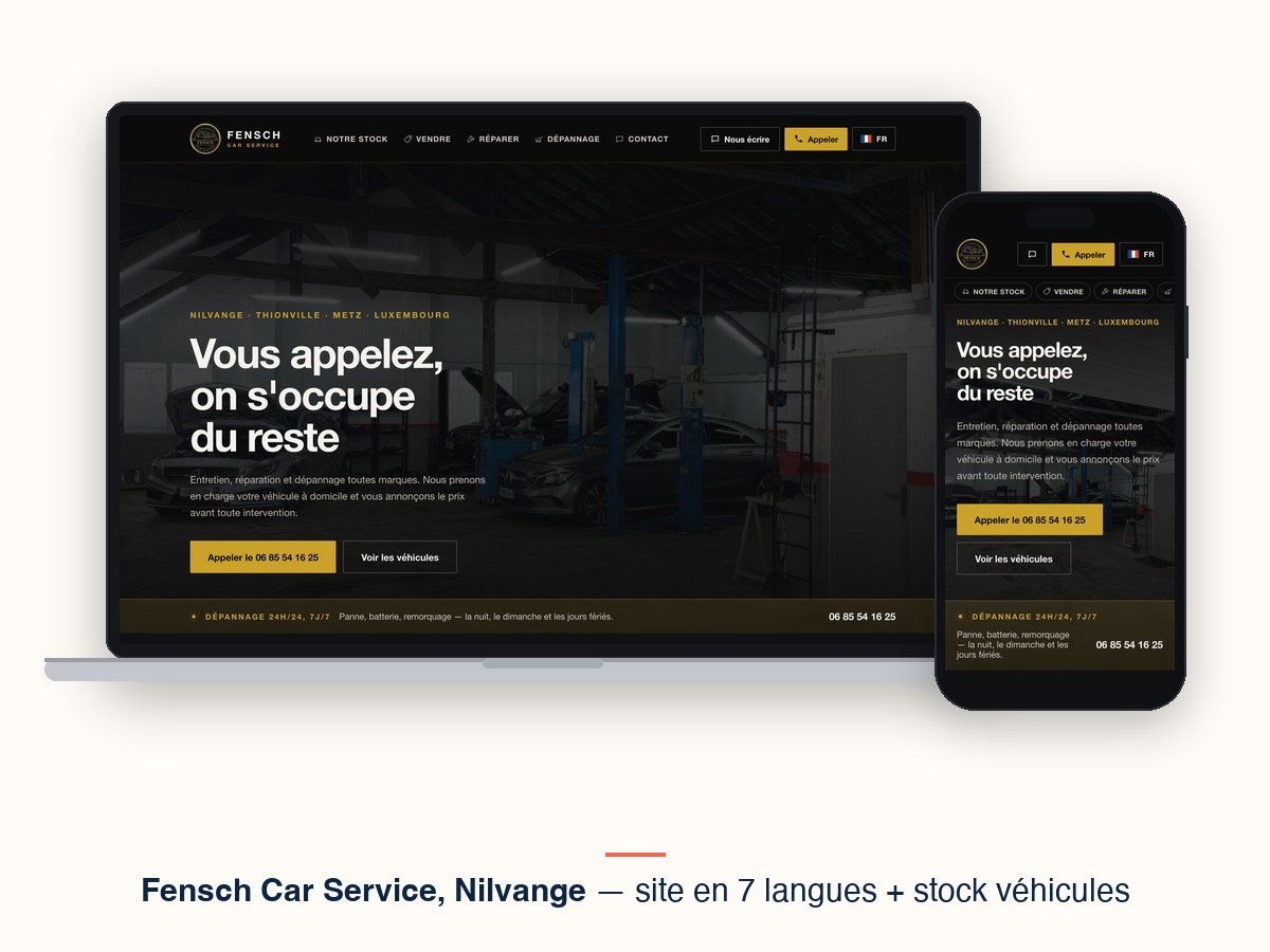 Le site de Fensch Car Service, garage à Nilvange, affiché sur un écran d'ordinateur et sur un téléphone.